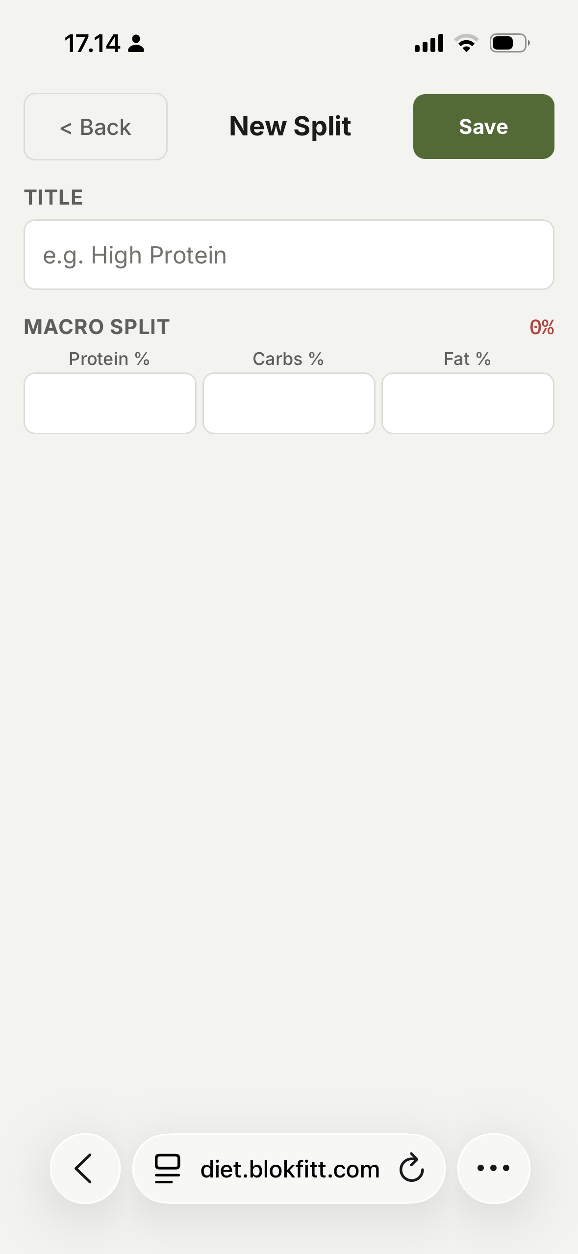 Macro split form showing protein, carbs and fat percentages
