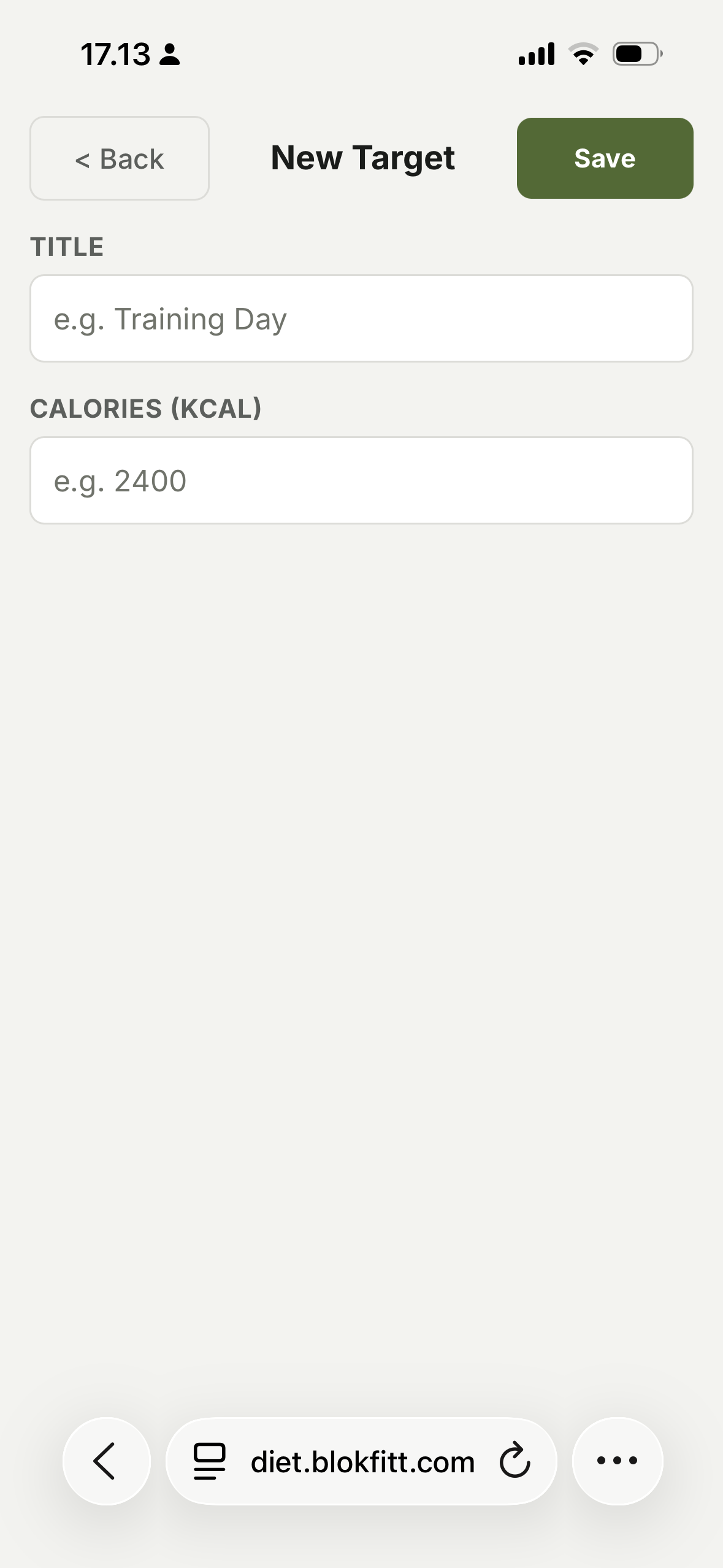 Calorie target form with kcal value field