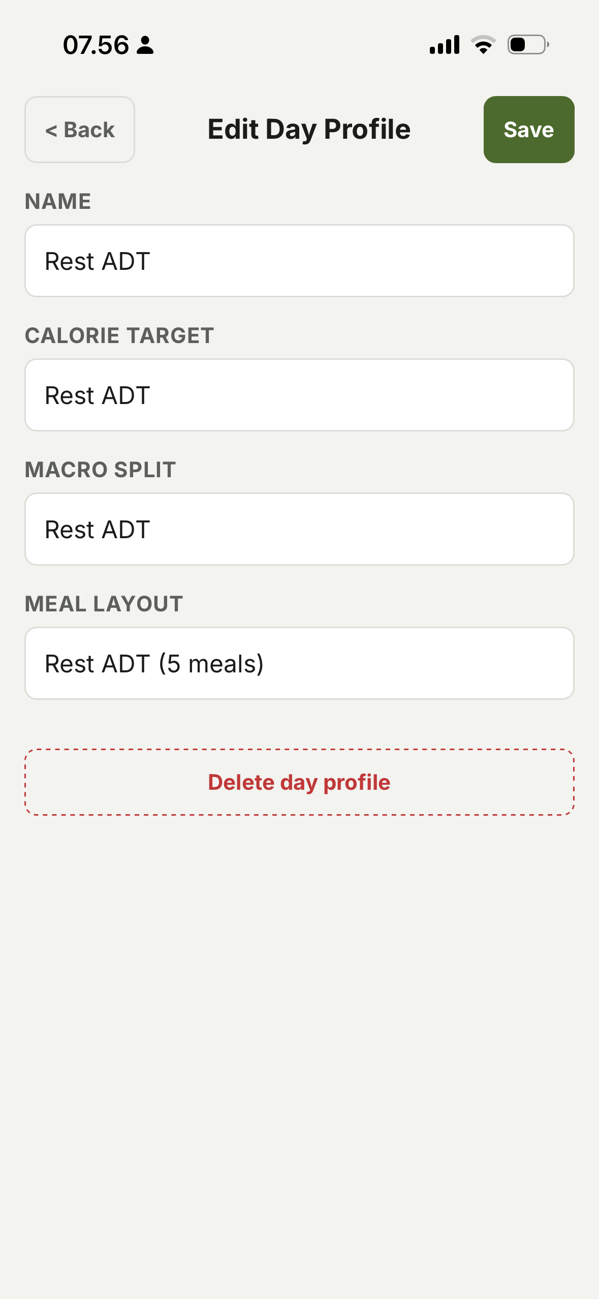 Day profile form bundling target, split and layout