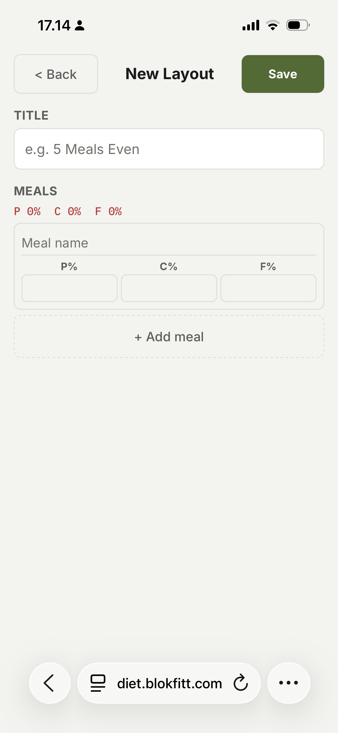 Meal layout form showing meals and macro percentages per meal