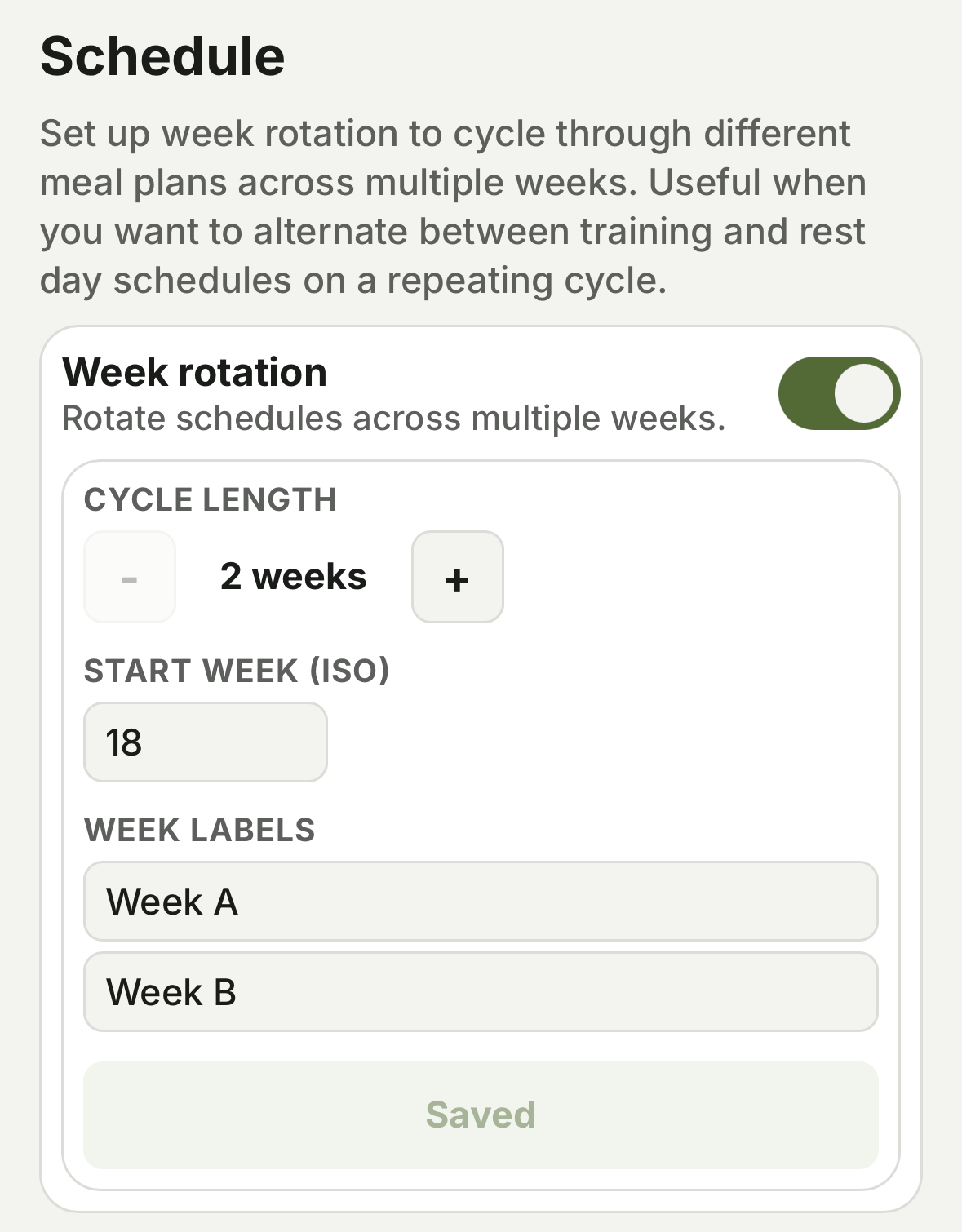 Settings screen with week rotation toggle and cycle length